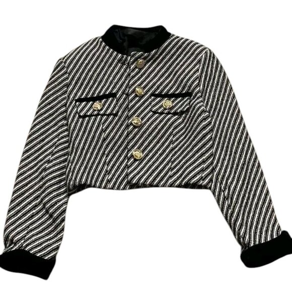 Jackets & Blazers - Black White Striped Cropped Jacket Women’s Button Front Top